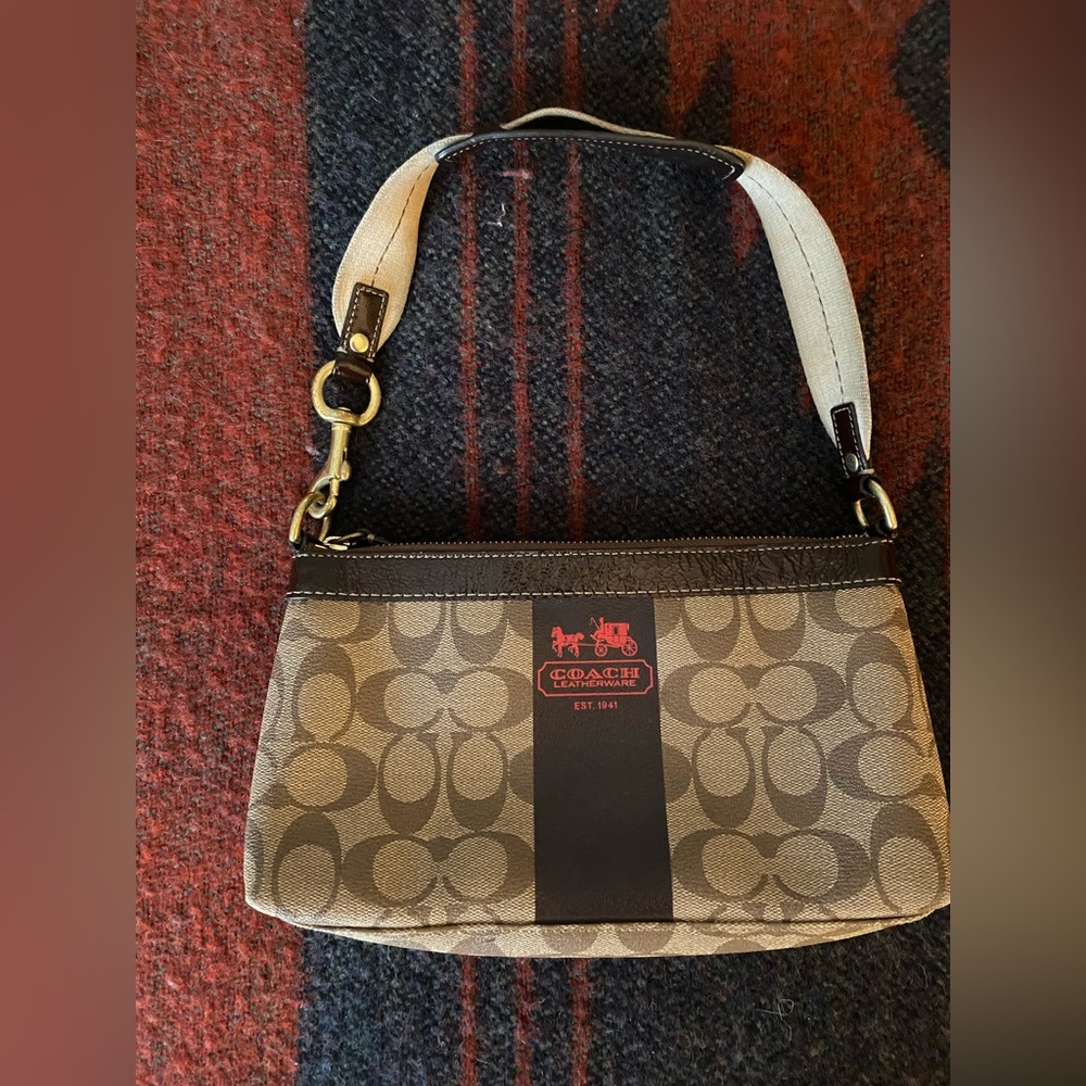 Coach Mini Shoulder Bag in Brown and Black with Beige Strap
